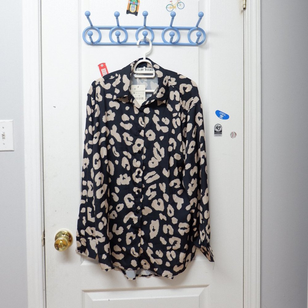 Black Oversize Print Satin Blouse